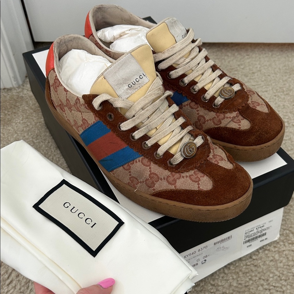 Men’s Gucci Brown GG Canvas Sneakers with Blue & Red Stripes - Picture 9 of 10